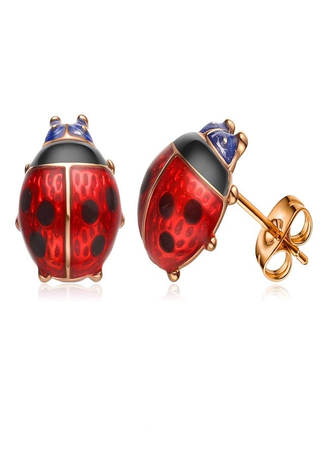 Botrinal Petite Red Ladybug Black Spots Costume 925 Sterling Silver Rose Gold Beetle Stud Earrings Ladybird Jewelry Halloween Party Accessories for Women - Image 1
